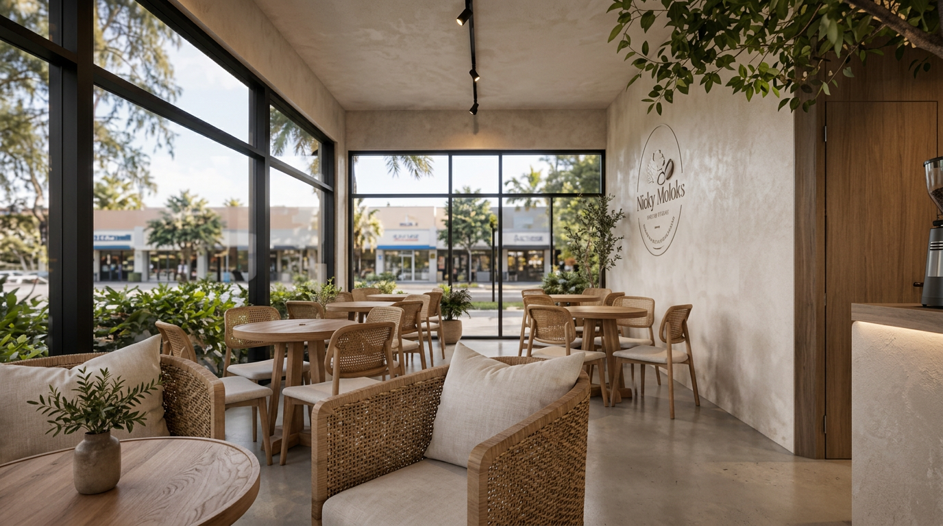 Interior of Nick y Makks Café: rattan chairs, warm wood and morning light